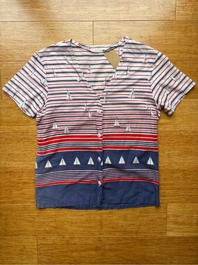 Handmade Vintage Striped Sailboat Button-Front Top in Navy, Red & White